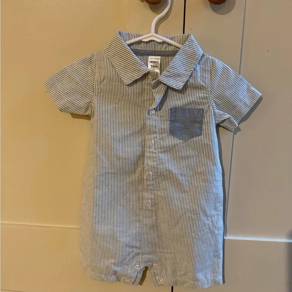 Carter's Blue and White Striped Shortall Romper
